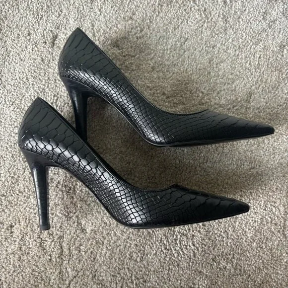 Lauren Ralph Lauren Black Snake Skin Embossed Pump Heel Pointed Toe Classy - Picture 6 of 9